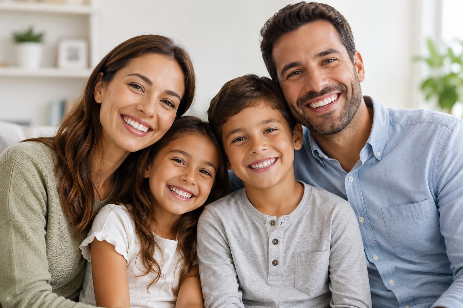 A smiling family of four sitting together at home